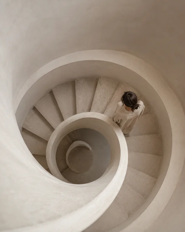 Looking down a spiral staircase