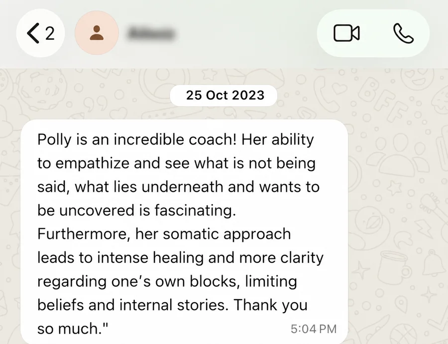 Client message describing Polly's somatic coaching approach as healing