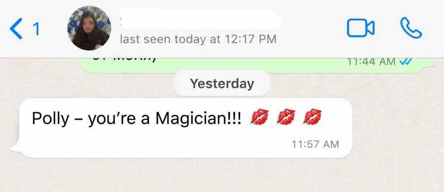 Short client thank-you message calling the coaching magical