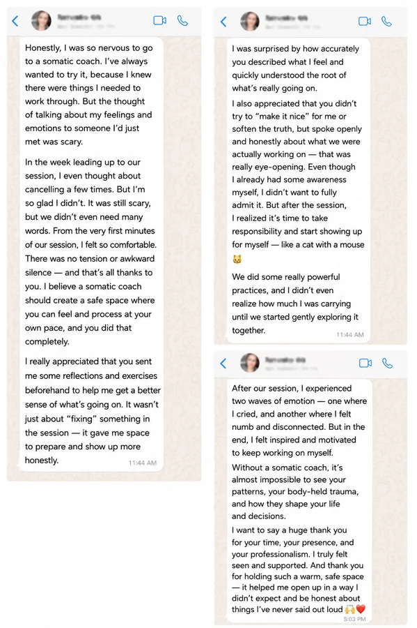 Client message describing feeling nervous before their first session and comfortable by the end