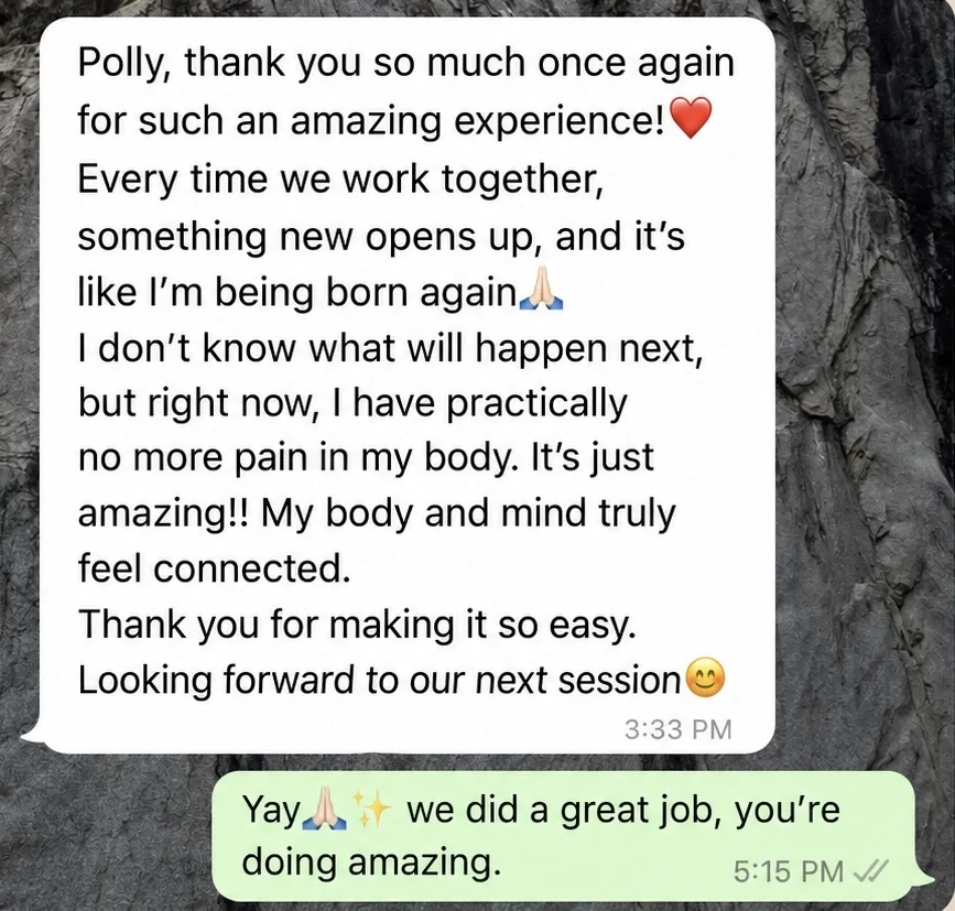 Client message describing reduced physical pain after ongoing sessions