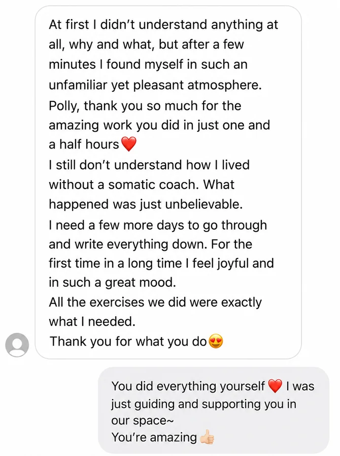 Client message expressing gratitude for the exercises and insights from a session