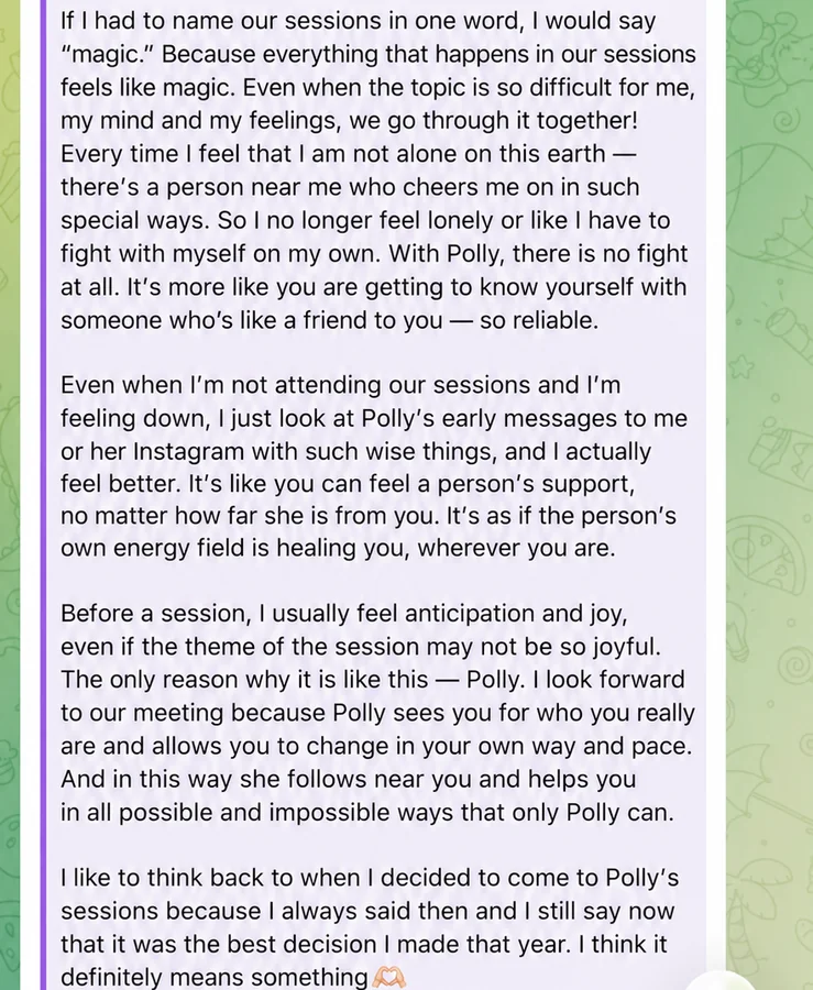 Client message describing the coaching sessions as consistently powerful
